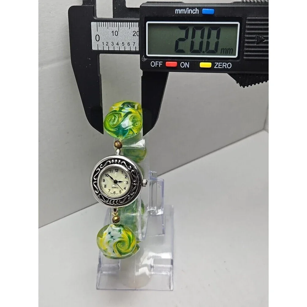 Womens Seiko Movement Lampwork Beaded Watch Bracelet Green Yellow Glass Art